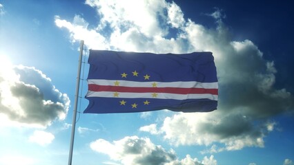 Flag of Cape Verde waving at wind against beautiful blue sky. 3d rendering