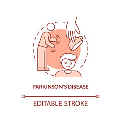 Parkinson disease orange concept icon. Nervous system illness. Asking palliative care abstract idea thin line illustration. Isolated outline drawing. Editable stroke. Arial, Myriad Pro-Bold fonts used