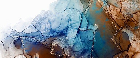 Alcohol ink background with golden design elements, luxury earth tones hand painted artwork, brown and blue accent, trendy wallpaper decoration, clean interior design decoration