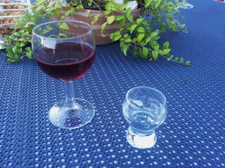 Weinglas und Schnapsglas stehen auf Tisch  - 487601534