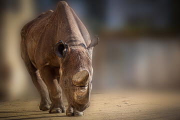 a rhinoceros walking through the sand