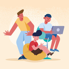 dad and sons with laptops