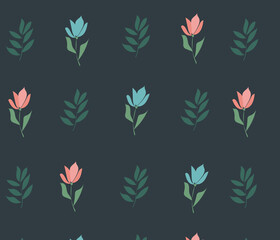 Pattern of pink and blue flowers, palm branches on a dark green background, vector image