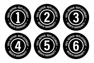 100% repair and replacement warranty  icon set. including 1 to 6 months warranty