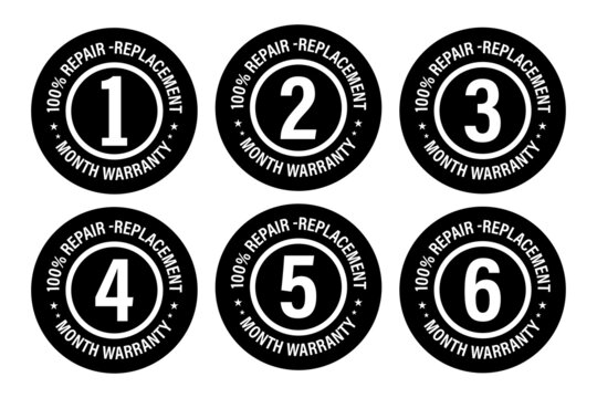 100% repair and replacement warranty  icon set. including 1 to 6 months warranty