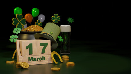 Fototapeta na wymiar Happy St. Patrick's Day greeting Podium, beer glass and green hat on bright green background. 3d Rendering