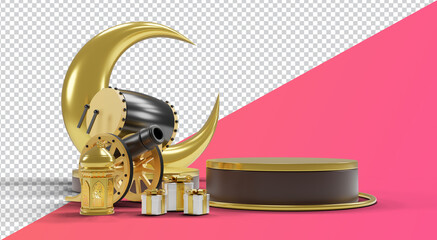 Islamic product display mock up. Podium, crescent moon, lantern, gift box. Ramadan, Islamic New Year. 3D rendering. clipping paht