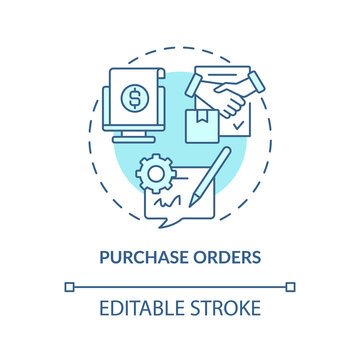 Purchase orders turquoise concept icon. Request, approval. Automation in business abstract idea thin line illustration. Isolated outline drawing. Editable stroke. Arial, Myriad Pro-Bold fonts used