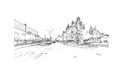 Fototapeta premium Building view with landmark of Merced is the city in California. Hand drawn sketch illustration in vector.