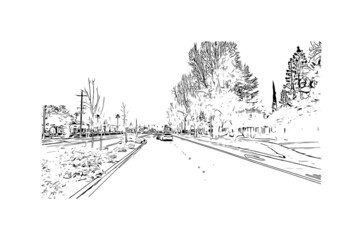 Fototapeta premium Building view with landmark of Merced is the city in California. Hand drawn sketch illustration in vector.