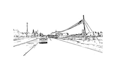 Building view with landmark of Merced is the 
city in California. Hand drawn sketch illustration in vector.