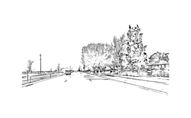 Building view with landmark of Merced is the 
city in California. Hand drawn sketch illustration in vector.