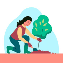 A woman is planting a young tree sapling. Digs the soil with a shovel. Springtime. Gardening outdoors. Caring for nature and ecology. Vector flat illustration