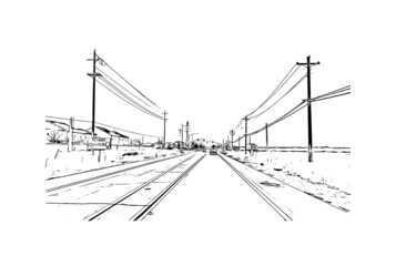 Building view with landmark of Merced is the 
city in California. Hand drawn sketch illustration in vector.