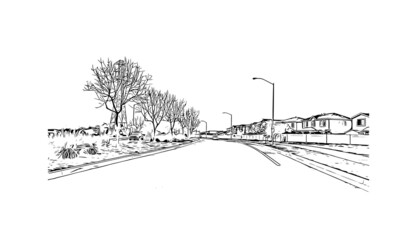 Building view with landmark of Merced is the 
city in California. Hand drawn sketch illustration in vector.