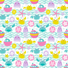 Seamless vector pattern with sea boats,crabs and jellyfish. Childish background.