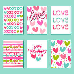 Set of colorful postcard for Valentine's day. Vector illustration with hearts and handwritten lettering. - 487602782