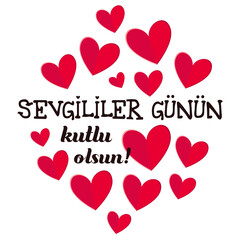 Valentine's Day card with hearts and lettering on Turkish language.