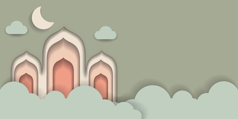Papercut style ramadan background with dome, moon, and   cloud.