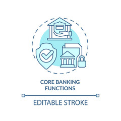 Fototapeta premium Core banking functions turquoise concept icon. Transactions. Automated banking abstract idea thin line illustration. Isolated outline drawing. Editable stroke. Arial, Myriad Pro-Bold fonts used