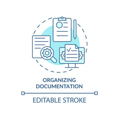 Organizing documentation turquoise concept icon. Benefits of BPA in banking abstract idea thin line illustration. Isolated outline drawing. Editable stroke. Arial, Myriad Pro-Bold fonts used