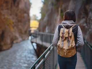 Happy asian woman is enjoy active hiking along the Saklikent Gorge in Turkey. New experience and outdoor leisure recreation