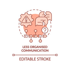 Less organised communication red concept icon. Error prone activities. BPA challenges abstract idea thin line illustration. Isolated outline drawing. Editable stroke. Arial, Myriad Pro-Bold fonts used