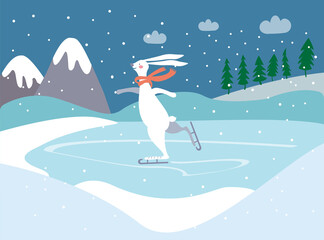 Cute hare or bunny in a red scarf is skating on a ice rink. Winter landscape with frozen lake, mountain, trees. 