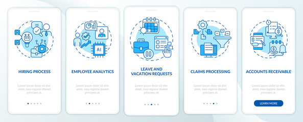 Examples of automation in business blue onboarding mobile app screen. Walkthrough 5 steps graphic instructions pages with linear concepts. UI, UX, GUI template. Myriad Pro-Bold, Regular fonts used