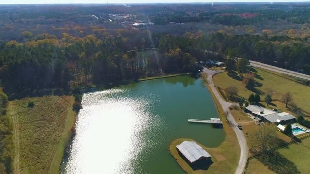 Landscape Aerial View Circle Green Lake Sun Ray In The Lake