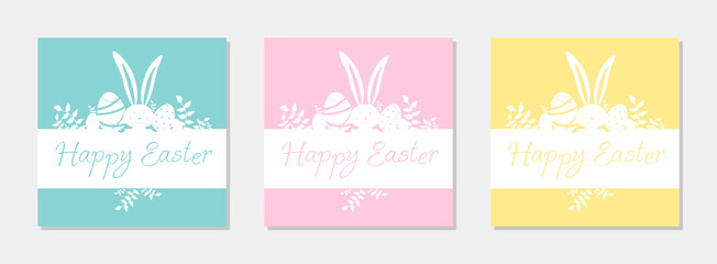   Happy Easter card with hand drawn sweet rabbit eggs spring leafs and greeting in different color