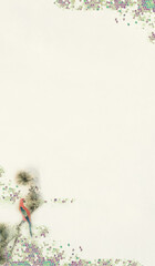 ヴィンテージタイルの雲に広重のコンゴウインコと松のフレーム背景イラスト縦型グリーン系