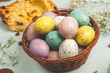 Hand painted pastel colored Easter eggs background. Happy Easter greeting card or invitation.