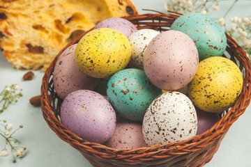 Hand painted pastel colored Easter eggs background. Happy Easter greeting card or invitation.