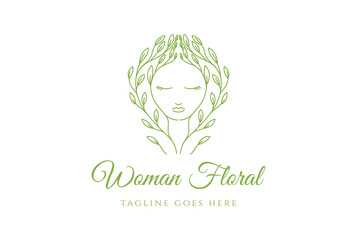 Beauty Woman Girl Lady Female Head Face with Floral Flower Leaf Line Outline for Herbal Wellness Spa or Cosmetics Logo Design Vector