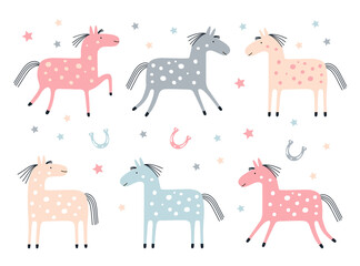Vector set with cute pastel horses. Pony collection for kids. Vector illustration.