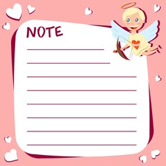 Copy space for memo, weekly or daily planner, note paper, to do list, sticker template decorated with baby cupid angel. Cute and funny. Inspirational quote. Love and hearts. Valentines Day greeting