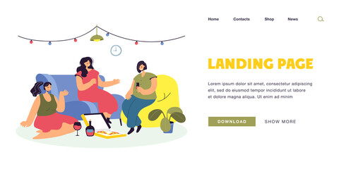 Cheerful female cartoon friends gathering at home. Young girlfriends having party together flat vector illustration. Celebration, friendship concept for banner, website design or landing web page