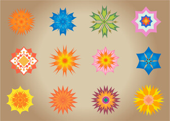 Fototapeta na wymiar Set of flowers icons isolated on light brown background. Colorful illustration. Flat design. Colored flowers