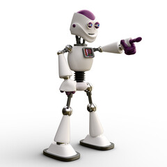 3D-illustration of a cute and funny cartoon robot pointing somewhere. isolated rendering object