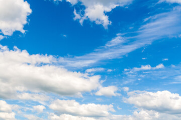 Bright blue sky with lots of white clouds. Beautiful summer sky as background.