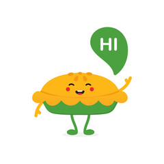 Cute smiling cartoon style sweet pie character with speech bubble saying hi, hello.
