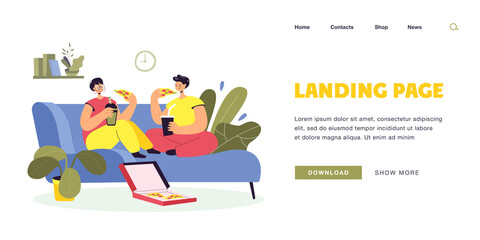 Happy cartoon boyfriend and girlfriend eating pizza together. Man and woman sitting on couch at home flat vector illustration. Relationship, love, junk food concept for banner or landing web page