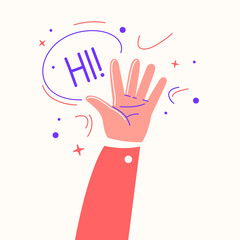 A welcoming hand gesture. The man waves his hand. The image is made in the style of modern fashionable youth graphics.