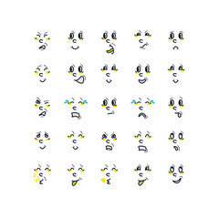 The image of a person's face in a linear cartoon style. A set of icons that depict various human emotions.