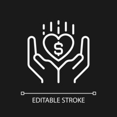 Philanthropy pixel perfect white linear icon for dark theme. Philanthropic organization. Improve human welfare. Thin line illustration. Isolated symbol for night mode. Editable stroke. Arial font used