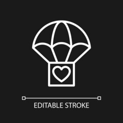 Humanitarian aid pixel perfect white linear icon for dark theme. Life-saving support. Voluntary service. Thin line illustration. Isolated symbol for night mode. Editable stroke. Arial font used