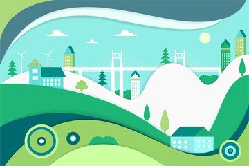 Paper Cut Background. Modern  city. Conservation of nature. Suburban houses with trees.