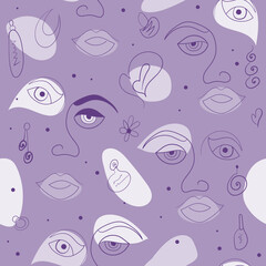Young girl stylized one line woman face portrait, modern contemporary minimalist art abstract character. Vector illustration. Fashion concept, make up, beauty salon, accessories. Seamless pattern.