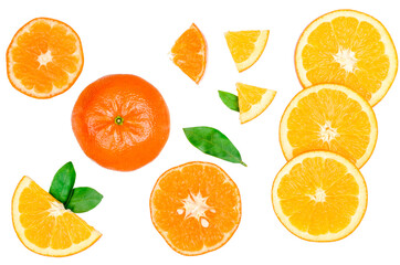 Sliced tangerine and oranges isolated on white, top view